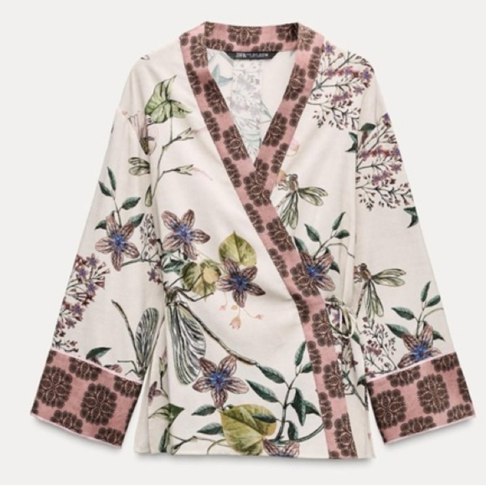 Zara Floral Kimono Print Tie Waist‎ Wide Sleeve Size Medium - Picture 2 of 14